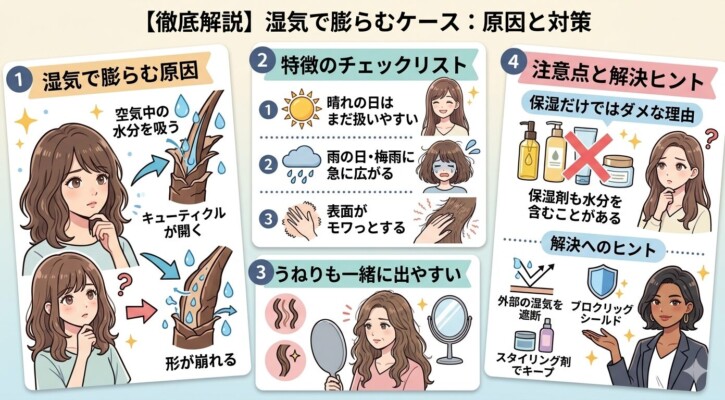 「湿気で膨らむケース：原因と対策」を4つのパネルで徹底解説した図解。1.キューティクルが開き水分を吸って形が崩れるメカニズム、2.雨の日に急に広がる等のチェックリスト、3.うねりも併発しやすい特徴、4.保湿だけでは不十分な理由と、外部の湿気を遮断するスタイリング剤やシールド剤による解決ヒントを紹介しています。