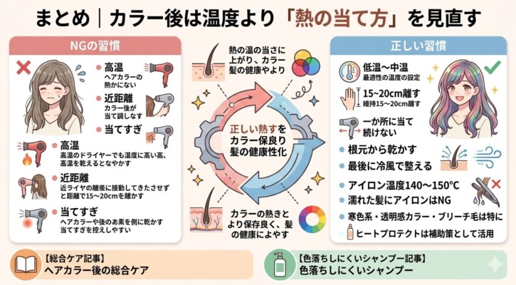カラー後のヘアケアまとめ図解。「高温・近距離・当てすぎ」のNG習慣と、低温から中温設定で15〜20cm離し、根元から乾かして最後に冷風で整える「正しい習慣」を比較しています。アイロンは140〜150℃の適温を守り、濡れた髪への使用を避けるなど、熱の当て方を見直すことでカラーの保持と髪の健康を両立する重要性を解説しています。
