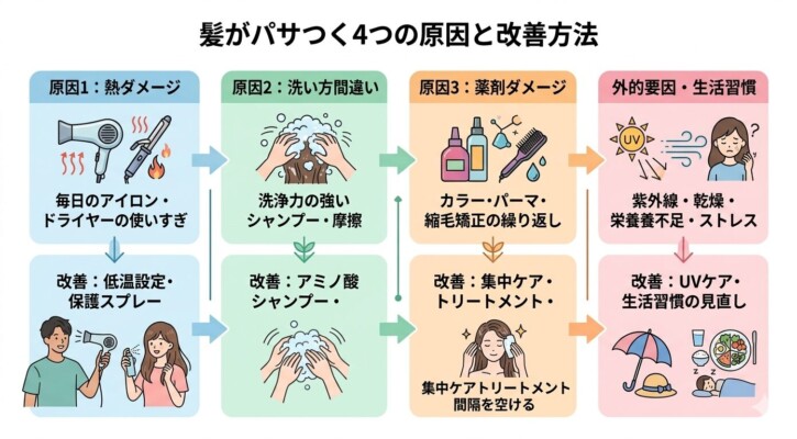 髪がパサつく4つの原因と改善方法をまとめた図解。熱ダメージには低温設定、洗い方間違いにはアミノ酸シャンプー、薬剤ダメージには集中トリートメント、外的要因・生活習慣にはUVケアや栄養改善といった対策が示されています。イラストを用いて、アイロン、シャンプー、カラー剤、紫外線などの要因と、それぞれの解決策を分かりやすく解説した画像です。