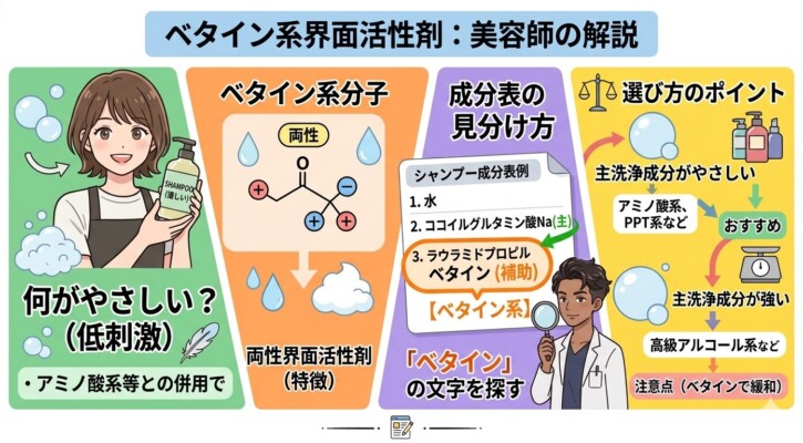 美容師によるベタイン系界面活性剤の解説図。両性界面活性剤の分子構造や、シャンプー成分表で「ベタイン」の文字を探す見分け方を説明しています。低刺激でアミノ酸系洗浄成分との併用がおすすめであることや、高級アルコール系の刺激を緩和する役割など、選び方のポイントをイラストとチャートで分かりやすくまとめています。