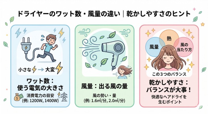ドライヤーのワット数と風量の違いを解説した図解。ワット数は「使う電気の大きさ（消費電力）」、風量は「出る風の量（風の勢い）」であることを説明。乾かしやすさは「風量・熱・風の当たり方」の3つのバランスが大事であることを、コミカルなイラストや女性のヘアケアシーンと共に分かりやすく伝えている画像。