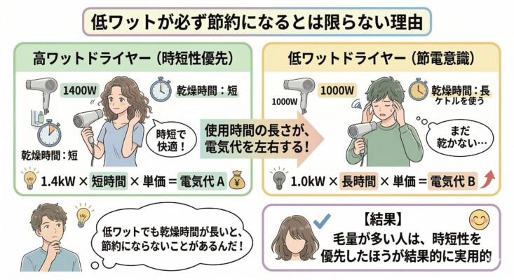 「低ワットが必ず節約になるとは限らない理由」を解説する図解。1400Wの高ワットドライヤー（時短優先）と、1000Wの低ワットドライヤー（節電意識）を比較。ワット数が低くても乾燥時間が長くなると電気代がかさむ仕組みを、計算式とイラストで示しています。結果として、毛量が多い人は時短性を優先した方が実用的であると結論づけています。