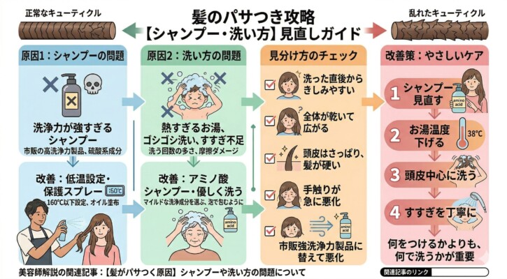 「髪のパサつき攻略【シャンプー・洗い方】見直しガイド」という図解。正常と乱れたキューティクルの比較を上部に配し、洗浄力が強すぎるシャンプーや熱いお湯でのゴシゴシ洗いといった原因、見分け方のチェックリスト、そして「お湯温度を下げる」「頭皮を中心に洗う」などの4ステップ改善策をイラストで詳しく解説しています。