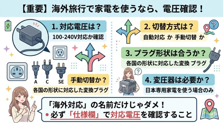 海外旅行での家電使用に関する注意点をまとめた図解。1.対応電圧（100-240V対応か）、2.切替方式（自動か手動か）、3.プラグ形状（A・C・SEタイプなど各国の変換プラグ）、4.変圧器の必要性（日本専用家電のみ）という4つのチェックポイントを解説。下部には「仕様欄で対応電圧を必ず確認すること」という重要な注意書きが、女性のイラストと共に強調されています。