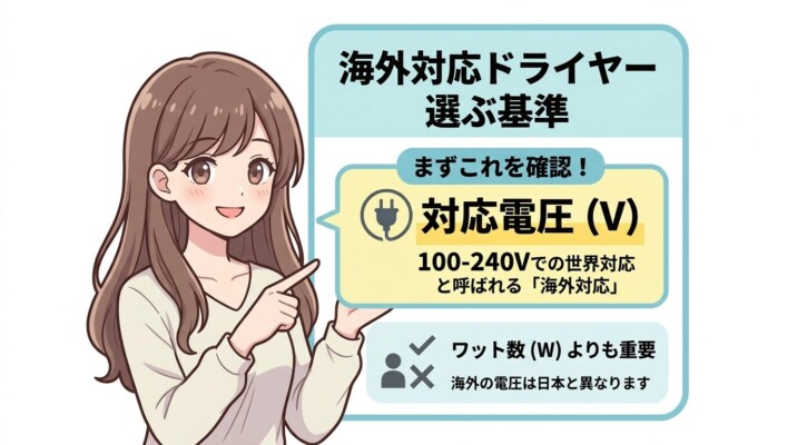 茶髪の女性が指を差して解説する、海外対応ドライヤーの選び方の図解。最も重要な確認事項として「対応電圧（V）」が挙げられ、100-240Vの世界対応モデルを選ぶべきだと説明されています。ワット数よりも電圧が重要であり、海外の電圧は日本と異なるという注意点もアイコンと共に記載された、初心者向けの解説画像です。