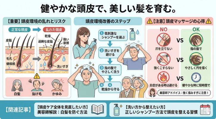 頭皮環境の改善と正しいケア方法を解説した図解。左側で正常な頭皮と乱れた頭皮（乾燥や過剰な皮脂）を比較し、白髪や抜け毛のリスクを説明。中央では低刺激シャンプーの選択や指の腹で洗うステップを、右側では頭皮マッサージの心得として「爪を立てない」「強くこすらない」などのOK・NO例をイラストで示しています。