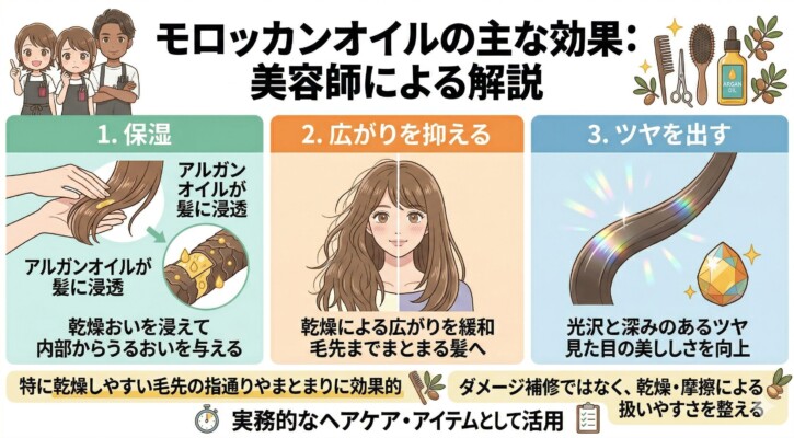 美容師によるモロッカンオイルの主な効果を3つのポイントで解説した図解。1.保湿ではアルガンオイルが髪内部へ浸透する様子、2.広がり抑制では使用前後の比較イラスト、3.ツヤ出しでは光沢のある髪のイメージを描写。乾燥や摩擦による髪の扱いづらさを整え、特に毛先のまとまりや指通りに効果的であることを説明しています。