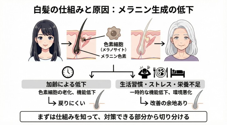 白髪の仕組みと原因を解説する図解画像。メラニン生成の低下プロセスを、黒髪の女性から白髪の女性への変化、毛根内の色素細胞（メラノサイト）の働きの有無で表現しています。下部では、原因を「加齢による低下（戻りにくい）」と「生活習慣・ストレス・栄養不足（改善の余地あり）」の2軸に切り分けて説明しています。