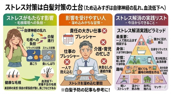 ストレスと白髪の関係を解説した図解。左側でストレスによる自律神経の乱れが血流低下や栄養不足を招く仕組みを、中央で仕事や育児などのストレスを溜め込みやすい要因を、右側で「ストレス解消実践ピラミッド」として相談や入浴、趣味の時間などの解決策を紹介。ストレス状態が毛根への負担となり、白髪の進行を早めることをイラストで示しています。