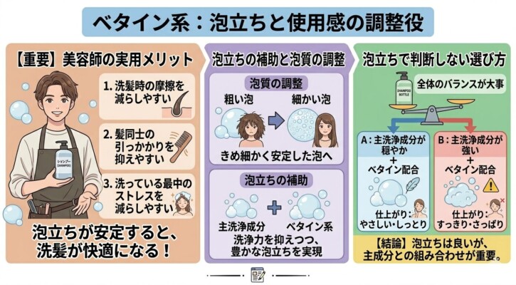 美容師によるベタイン系界面活性剤の「調整役」としての機能を解説した図解。洗髪時の摩擦軽減や引っかかり防止といった実用メリットに加え、粗い泡をきめ細かく安定させる泡質調整の効果を説明しています。主洗浄成分が穏やかな場合としっとり・すっきり等の仕上がりが変わるため、泡立ちの良さだけで判断せず主成分との組み合わせを重視するよう伝えています。