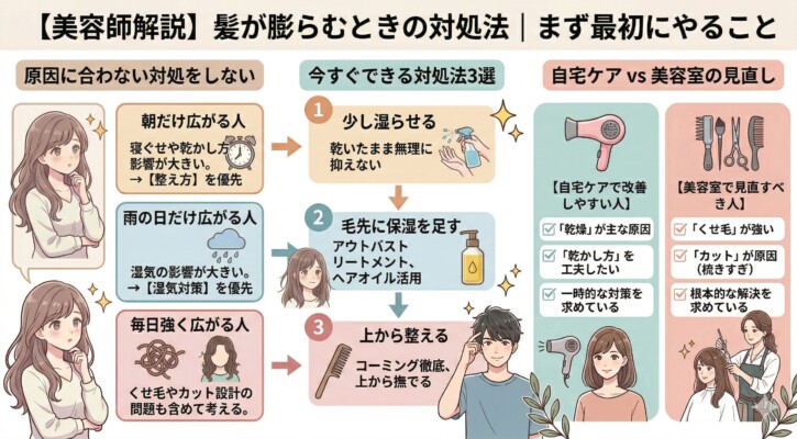 美容師が教える「髪が膨らむときの対処法」のまとめ図解。朝だけ、雨の日だけ、毎日といった悩み別に原因を分類。今すぐできる対処法として「少し湿らせる」「保湿を足す」「上から整える」の3ステップを紹介しています。自宅ケアと美容室での施術、どちらが必要か判断できるチェックリストも付いた、具体的なヘアケアガイドです。