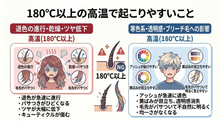 180℃以上の高温ヘアアイロンが髪に与える悪影響の図解。左側では退色の進行、乾燥、ツヤの低下といった全般的なダメージを、右側ではアッシュ系の色抜けや黄ばみの目立ちなどブリーチ毛・寒色系カラーへの影響を解説。高温によりキューティクルが傷み、透明感が失われるリスクを男女のイラストで警告しています。