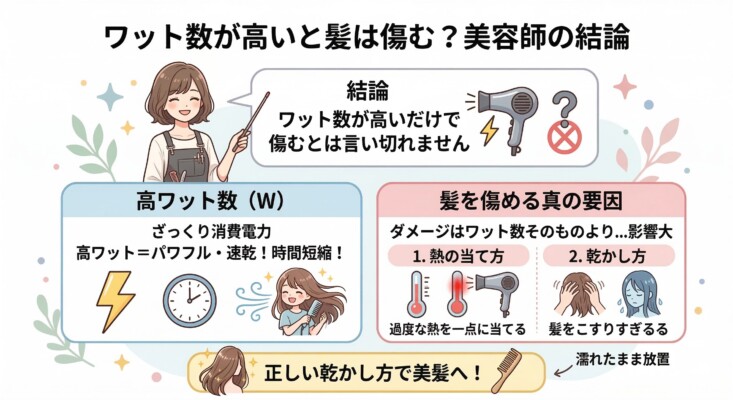 「ワット数が高いと髪は傷む？」という疑問に対し、美容師が結論を解説する図解。高ワット数は消費電力の目安であり、速乾・時短につながるメリットを紹介。髪を傷める真の要因はワット数そのものではなく、過度な熱を一点に当てることや、髪をこすりすぎる等の乾かし方にあることを伝えるイラスト画像。