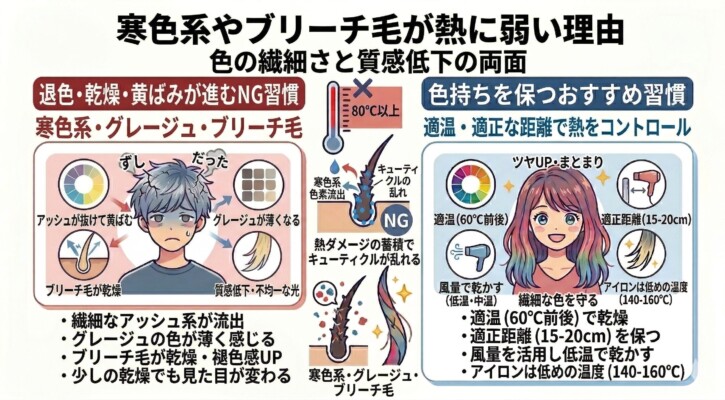 寒色系カラーやブリーチ毛が熱に弱い理由と対策を解説した図解。高温によるアッシュ系の色抜けやグレージュの退色、ブリーチ毛の乾燥をNG習慣として示し、キューティクルの乱れが質感低下を招く仕組みを解説。対策として、60℃前後の適温乾燥、15〜20cmの距離維持、アイロンは140〜160℃の低温設定を推奨しています。