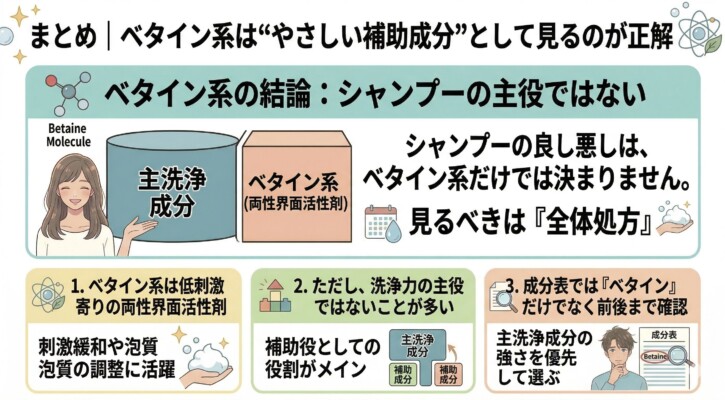 ベタイン系界面活性剤の結論をまとめた図解。「シャンプーの主役ではない」という重要な視点を中心に、①低刺激な両性界面活性剤として刺激緩和や泡質調整に活躍すること、②洗浄力の主役ではなくあくまで補助役であること、③成分表では「ベタイン」の文字だけでなく前後の主洗浄成分まで確認して選ぶべきこと、の3つのポイントを解説しています。