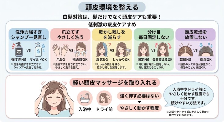 頭皮環境を整えるための低刺激なケア方法を図解した画像。シャンプーの見直し、指の腹で優しく洗う、しっかり乾かす、分け目を固定しない、頭皮の保湿といった5つのポイントを比較形式で紹介しています。下部では、入浴中やドライ前に行う軽い頭皮マッサージを推奨し、強く押さず優しく動かすことが継続のコツであることを解説しています。