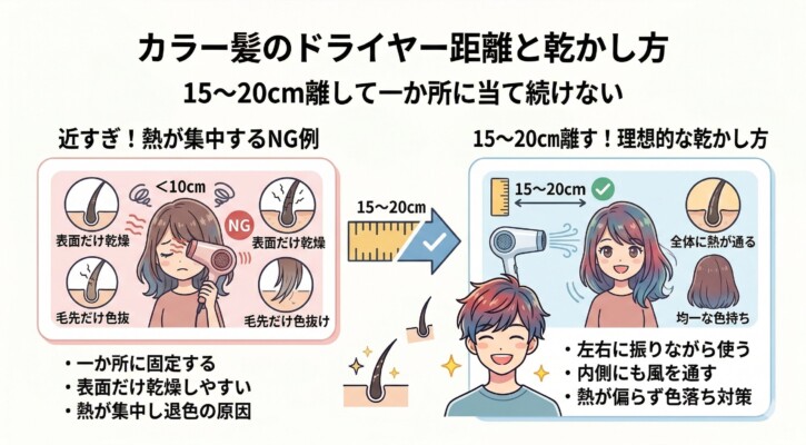 カラー後の髪を傷めず色持ちさせるドライヤーの乾かし方の図解。10cm未満の近すぎると表面の乾燥や色抜けを招くNG例と、15〜20cm離して左右に振りながら内側まで風を通す理想的な方法を比較。熱を分散させて均一な色持ちを実現するポイントを、困り顔と笑顔の男女のイラストを用いて分かりやすく解説しています。