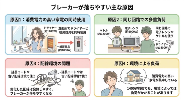 ブレーカーが落ちやすい主な原因を4つのパネルで解説する図解。原因1はドライヤーと暖房器具の同時使用、原因2は同じ回路でのケトルや電子レンジの多重負荷、原因3は古い延長コードや配線劣化による発熱、原因4は消費電力の高い家電の集中を挙げています。困り顔の男女や家電のイラストを交え、電力負荷の仕組みを分かりやすく説明しています。