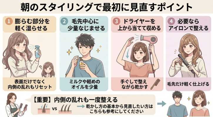 「朝のスタイリングで最初に見直すポイント」を4つのステップで解説する図解画像。1.膨らむ部分を濡らし内側の乱れをリセット、2.ミルクやオイルを毛先になじませる、3.ドライヤーを上から当てて収める、4.アイロンで整える、という手順をイラスト付きで説明。表面だけでなく内側から整えることの重要性を強調しています。