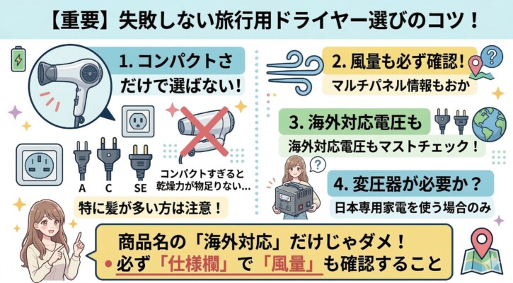 失敗しない旅行用ドライヤー選びのコツを解説した図解画像。1.コンパクトさだけで選ばない（乾燥力不足への注意）、2.風量の確認、3.海外対応電圧のチェック、4.変圧器の必要性の4項目を挙げています。下部には女性のイラストと共に「商品名の海外対応だけで判断せず、必ず仕様欄で風量も確認すること」という重要なアドバイスが記されています。