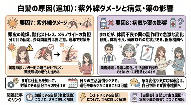 白髪の追加原因として「紫外線ダメージ」と「病気・薬の影響」を解説した図解。左側では紫外線が頭皮の乾燥や酸化ストレスを招き、メラノサイトに負担をかける仕組みを、右側では体調不良や薬の副作用による急激な変化の可能性をイラストで示しています。下部では、対策できる部分を切り分けることや、急な変化がある場合は医療機関へ受診することを美容師が推奨しています。