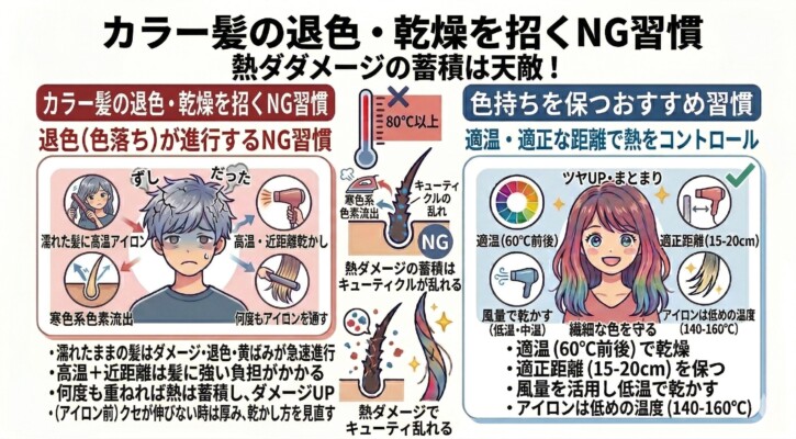 カラー髪の退色・乾燥を招くNG習慣と対策の図解。濡れた髪への高温アイロンや近距離ドライヤーが、キューティクルを乱し寒色系色素を流出させる仕組みを解説。対策として、60℃前後の適温乾燥、15〜20cmの距離維持、140〜160℃の低温アイロン設定を推奨し、熱ダメージの蓄積を防いで色持ちを良くするコツを男女のイラストで示しています。
