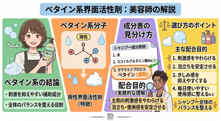 美容師によるベタイン系界面活性剤の解説図解。両性界面活性剤の分子構造や、シャンプー成分表で「ラウラミドプロピルベタイン」などの名称を探す見分け方を説明しています。主な配合目的として、刺激を和らげる、泡立ちの安定、きしみ抑制、使用感を整えるといった、シャンプー全体のバランス調整役としての結論をまとめています。