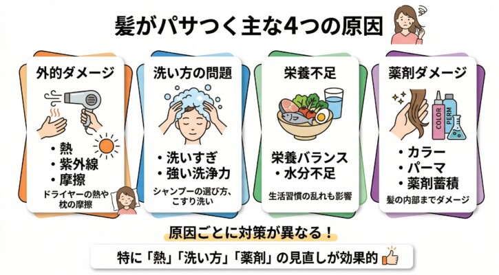 「髪がパサつく主な4つの原因」を横並びのカード形式で解説した図解。外的ダメージ（熱・紫外線・摩擦）、洗い方の問題（強い洗浄力）、栄養不足（水分不足）、薬剤ダメージ（カラー・パーマ）の4要素をイラスト付きで紹介しています。下部には原因ごとに対策が異なることや、特に熱・洗い方・薬剤の見直しが効果的であるという結論がまとめられています。