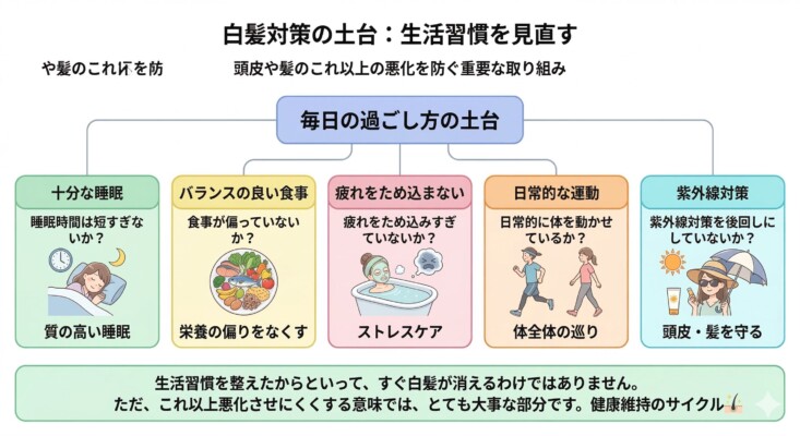 白髪対策の土台となる生活習慣の見直しを図解した画像。「毎日の過ごし方の土台」として、質の高い睡眠、バランスの良い食事、疲れをためないストレスケア、日常的な運動による体全体の巡り、紫外線対策による頭皮と髪の保護という5つの要素をパネル形式で紹介しています。これ以上の悪化を防ぐための健康維持サイクルの重要性を伝える内容です。