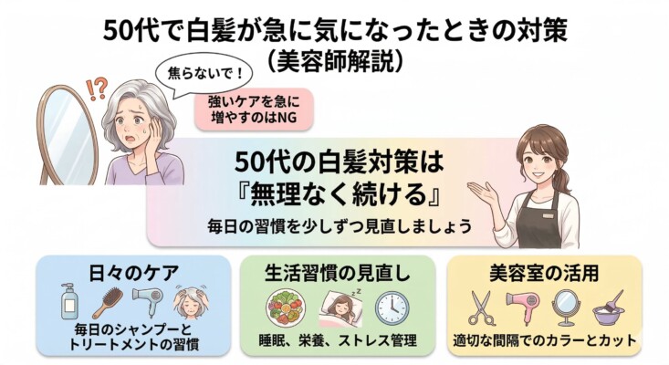 50代で白髪が急に気になったときの対策を美容師が解説する図解画像。焦って強いケアを増やすのではなく「無理なく続ける」ことを推奨しています。具体的な対策として、日々のシャンプー・トリートメント習慣、睡眠・栄養・ストレス管理といった生活習慣の見直し、美容室での適切な間隔のカラーとカットの3つのポイントをイラストで紹介しています。