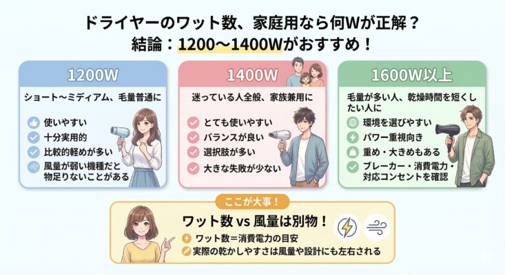 家庭用ドライヤーの推奨ワット数（1200W〜1400W）を解説する図解。1200Wはショート・ミディアム向け、1400Wは家族兼用やバランス重視、1600W以上は毛量が多い人やパワー重視向けと分類。さらに「ワット数と風量は別物」という重要ポイントを、男女のイラストと共に分かりやすく説明している画像。