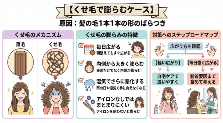 「くせ毛で膨らむケース」の原因と対策を解説した図解。直毛とくせ毛の内部構造の違いを比較し、「毎日広がる」「内側から膨らむ」「アイロンなしではまとまらない」といったくせ毛特有の特徴を挙げています。対策ロードマップとして、軽い広がりなら自宅ケア、強い広がりなら髪質改善などの美容室メニューを検討する流れが示されています。