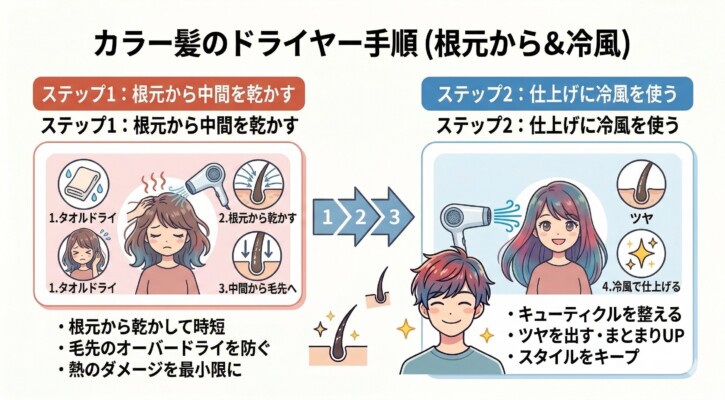 カラー後の髪を美しく保つドライヤー手順の図解。ステップ1ではタオルドライ後に根元から中間、毛先の順に乾かして熱ダメージを最小限に抑える方法を解説。ステップ2では仕上げに冷風を当てることでキューティクルを整え、ツヤとまとまりを出しスタイルをキープするコツを、男女のイラストで分かりやすく示しています。
