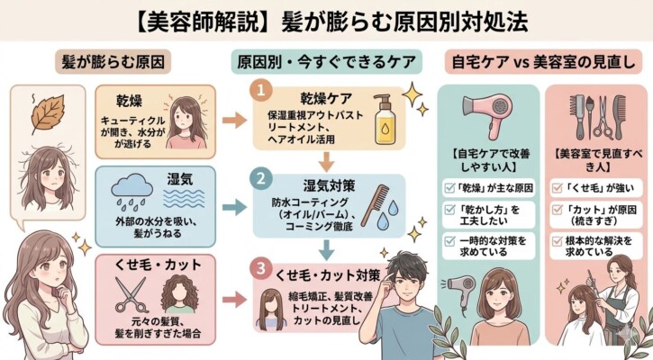 美容師が解説する「髪が膨らむ原因別対処法」の図解。膨らむ原因を「乾燥」「湿気」「くせ毛・カット」の3つに分類し、それぞれに対する保湿ケア、防水コーティング、縮毛矯正などの具体的な解決策をフローチャート形式で紹介しています。自宅ケアで改善しやすい人と美容室で見直すべき人のチェックリストも含まれた、分かりやすいまとめ画像です。