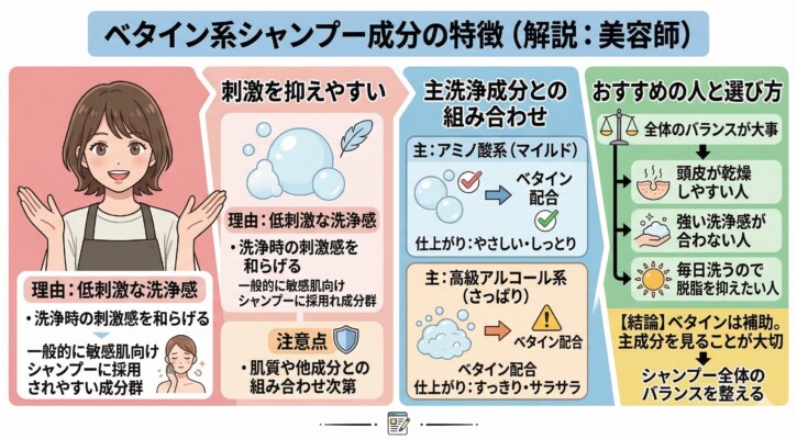 美容師によるベタイン系シャンプー成分の解説図解。低刺激で洗浄時の刺激を和らげる特徴や、主洗浄成分との組み合わせによる仕上がりの違いを説明しています。アミノ酸系との併用でしっとり、高級アルコール系との併用ですっきりとした質感になる点や、頭皮が乾燥しやすい人への推奨など、全体のバランスを整える補助成分としての選び方をまとめています。
