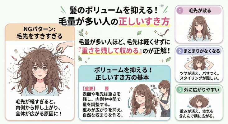 「髪のボリュームを抑える！毛量が多い人の正しいすき方」を解説した図解。左側にNGパターンとして「毛先をすきすぎる」例を挙げ、内側から押し上がり全体が広がる仕組みを説明。中央と右側では、表面や毛先の重さを残しつつ内側で毛量を調整する「正しいすき方の基本」と、そのメリットをイラストで紹介しています。