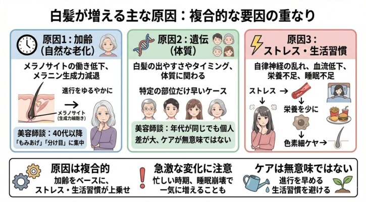 白髪が増える主な3つの原因を解説した図解。加齢によるメラノサイトの働き低下、遺伝による体質、ストレスや生活習慣による血流・栄養不足をパネル形式で紹介しています。下部では、原因は複合的であり、加齢をベースにストレスが重なることで急増する場合があること、適切なケアで進行を緩やかにできることをまとめています。