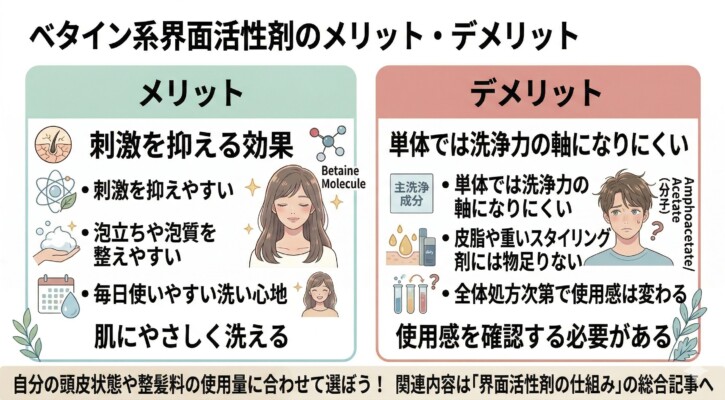 美容師による「ベタイン系界面活性剤」の総まとめ図解。肌にやさしい低刺激な性質、泡立ちや使用感を整える補助的な役割、成分表で「ベタイン」の文字を探す見分け方の3つのポイントを解説しています。主成分との組み合わせでシャンプーの性格が決まるという結論を、親しみやすいイラストと共に1枚に凝縮したまとめ画像です。