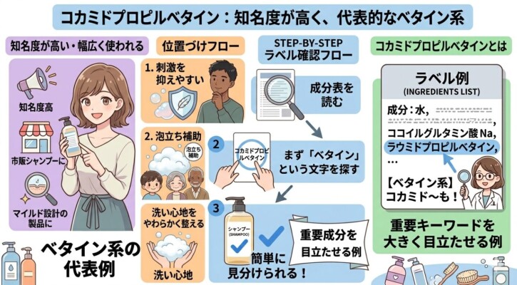 ベタイン系成分の代表例「コカミドプロピルベタイン」の解説図解。市販品に広く使われる知名度の高い成分で、刺激の緩和、泡立ち補助、洗い心地を柔らかく整える3つの役割を説明しています。成分表から「ベタイン」という文字を探すステップバイステップの見分け方や、ラベル例を用いた具体的な確認方法をイラストで分かりやすくまとめています。