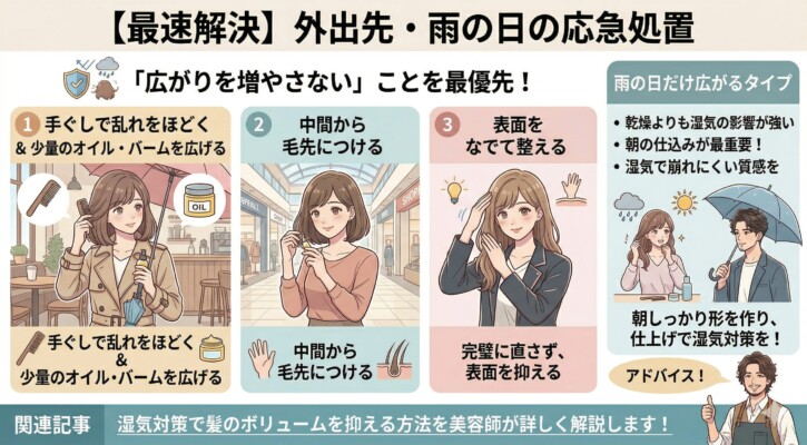 外出先や雨の日の髪の広がりを「最速解決」するための応急処置を解説した図解。1.手ぐしで乱れをほどきオイルを広げる、2.中間から毛先につける、3.表面をなでて整える、という3ステップの手順をイラストで紹介。湿気の影響を受けやすいタイプへのアドバイスとして、完璧に直そうとせず表面を抑えるコツをまとめています。