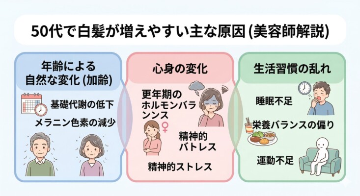 50代で白髪が増えやすい主な原因を美容師が解説する図解画像。青、赤、緑の3つのパネルで構成され、加齢による基礎代謝の低下やメラニン色素の減少、更年期のホルモンバランスや精神的ストレスによる心身の変化、睡眠不足や栄養バランスの偏り、運動不足といった生活習慣の乱れが白髪の要因として描かれています。