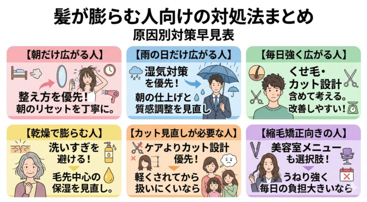 「髪が膨らむ悩み」を解決するためのチェックリスト図解。左側にはボサボサに広がった髪に悩む女性のイラストがあり、中央には「朝だけ広がる」「雨の日だけ」「毎日強く広がる」という3つの悩みパターン別の原因（寝癖、湿気、くせ毛）を提示。右側には、それぞれの悩みに適した「今すぐできる対処法3選」がフロー形式でまとめられています。