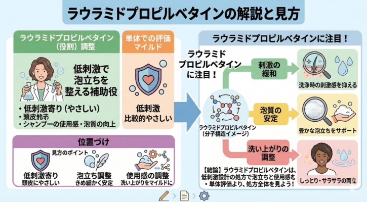 シャンプー成分「ラウラミドプロピルベタイン」の役割と見方を解説した図解。低刺激で泡立ちを整える補助剤としての特徴を説明しています。主な機能として、洗浄時の刺激の緩和、きめ細かく豊かな泡質の安定、洗い上がりの調整を挙げています。単体での評価よりも、処方全体でしっとりとサラサラを両立させる「バランス役」としての重要性をまとめたイラストです。