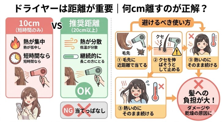 ドライヤーの適切な使用距離を比較解説した図解。左側では10cm（短時間のみ）と推奨距離20cm以上（熱が分散し継続使用OK）を対比。右側では「避けるべき使い方」として、1.毛先に近距離で当てる、2.クセを伸ばそうと止める、3.熱いのにそのまま続けるといったNG習慣を挙げ、髪への大きな負担やダメージの原因になることをイラストで警告しています。