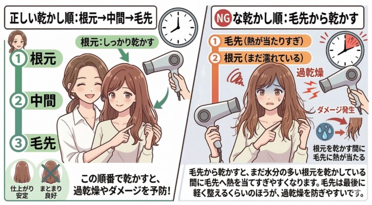 ドライヤーの「正しい乾かし順」を比較解説した図解。左側は「根元→中間→毛先」の順で乾かすことで過乾燥やダメージを予防し、仕上がりが安定する様子を描写。右側はNG例として「毛先から乾かす」順序を示し、根元を乾かしている間に毛先へ熱が当たりすぎて過乾燥やダメージが発生するリスクを、困り顔の女性のイラストと共に説明しています。
