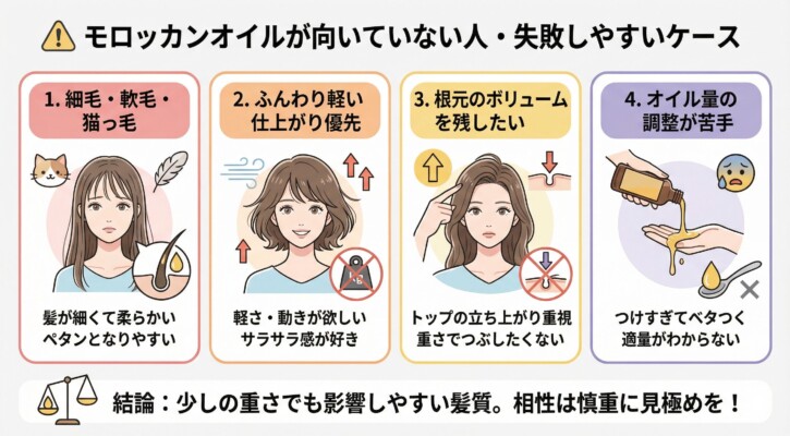 モロッカンオイルが向いていない人や失敗しやすいケースを4つのポイントで解説した図解。1.細毛・軟毛・猫っ毛（ペタンとなりやすい）、2.ふんわり軽い仕上がり優先（軽さ・動きが欲しい）、3.根元のボリュームを残したい（トップの立ち上がり重視）、4.オイル量の調整が苦手（つけすぎてベタつく）といった理由を女性のイラストと共に紹介し、相性の見極めが重要であることを説明しています。