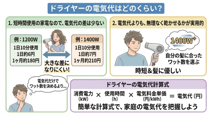 ドライヤーの電気代について解説する図解画像。1200Wと1400Wの比較例を用いて、短時間使用のため月々の差額は約30円と少ないことを示しています。電気代の安さよりも時短や髪への優しさを重視したワット数選びを推奨し、下部には「消費電力×使用時間×電気料金単価」という計算式を掲載しています。