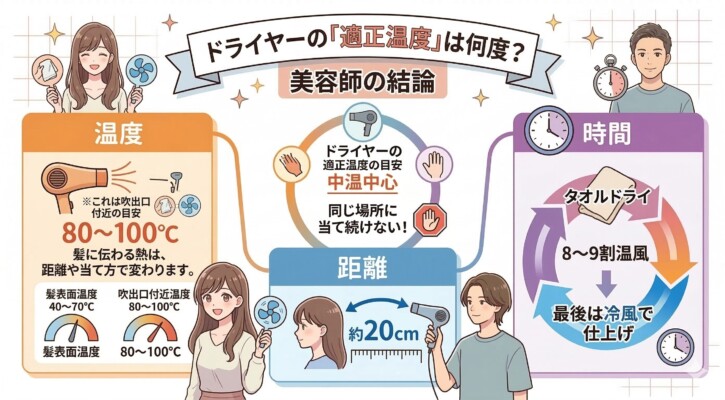 美容師が教えるドライヤーの適正温度と乾かし方の図解。吹出口温度80〜100℃（髪表面は40〜70℃）、髪との距離約20cm、中温中心で同じ場所に当て続けない等のポイントを解説。タオルドライ後に温風で8〜9割乾かし、最後は冷風で仕上げる手順を男女のイラストと共に1枚の画像にまとめています。