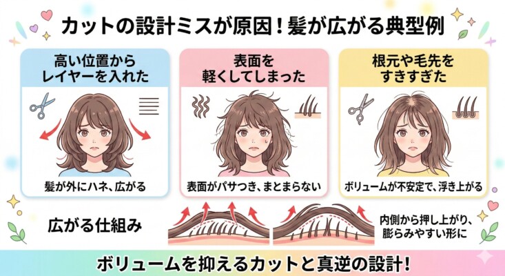 「カットの設計ミスが原因！髪が広がる典型例」を3つのパターンで解説した図解。左から「高い位置からレイヤーを入れた（外にハネて広がる）」、「表面を軽くしてしまった（パサついてまとまらない）」、「根元や毛先をすきすぎた（浮き上がる）」という失敗例をイラストで紹介。下部では、内側の短い髪が長い髪を押し上げ、ボリュームを抑えるカットとは真逆の設計になる仕組みを視覚的に説明しています。