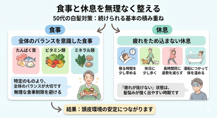 50代の白髪対策として食事と休息の重要性を解説した図解。食事面ではたんぱく質、ビタミン、ミネラルのバランスを意識し無理な制限を避けることを推奨。休息面では早寝、散歩、ストレッチ、入浴で疲れをためない工夫を提案しています。これらを積み重ねることで頭皮環境の安定につながることを、笑顔の男性と悩む男性のイラストを交えて説明しています。